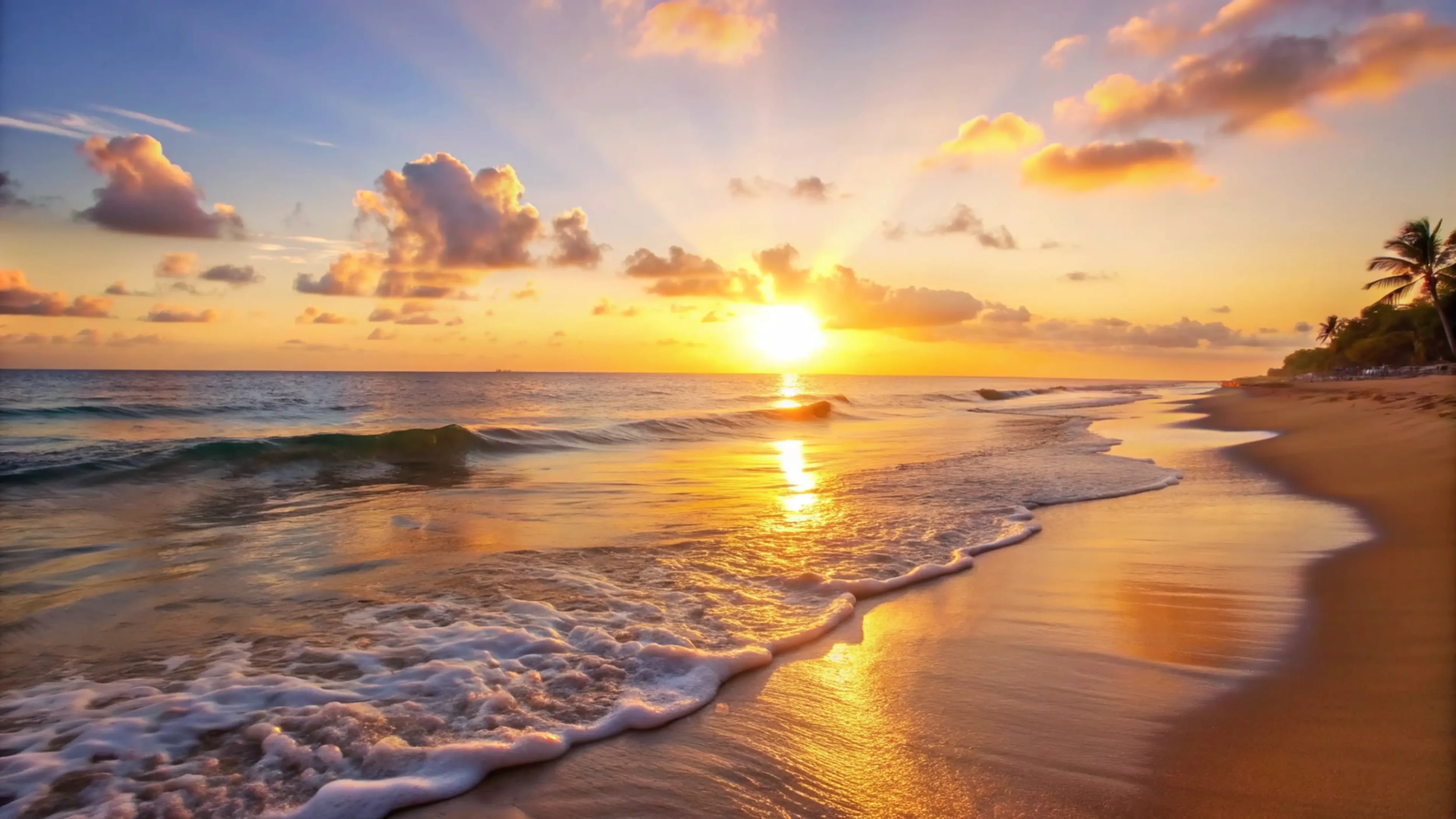 Golden Sunset Tropical Beach With Palm Trees
